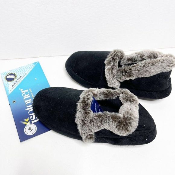 Isotoner Black Loafer Slippers L 8-9 Gray Faux Fur Cushioned Memory Foam Cozy - Picture 4 of 5